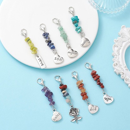 Colgantes y decoraciones con chips de piedras preciosas naturales y sintéticas, con aleación de zinc hebillas de pinza de langosta, encanto estilo tibetano, corazón y de la flor