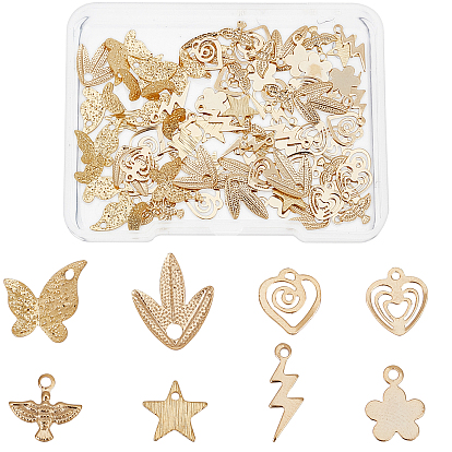 80 pcs 8 breloques en laiton de style, coeur & fleur & papillon & feuille & éclair & étoile & oiseau