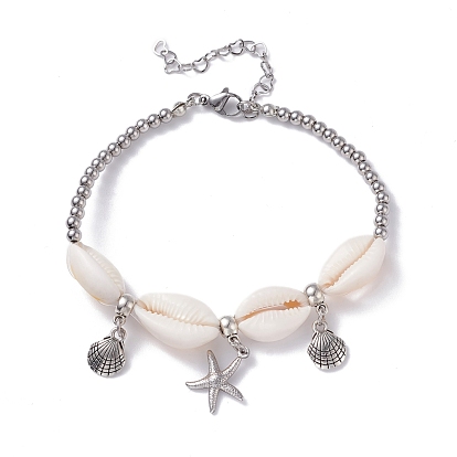 Natural Cowrie Shell Beads Anklet, Starfish & Shell Shape Charm Anklet for Girl Women, Platinum
