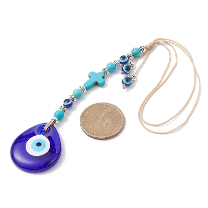 Blue Resin Evil Eye Pendant Decorations, Cross Synthetic Turquoise Lucky Eye Ornament with Glass Beads