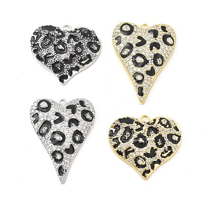 Латунные микропаве прозрачные подвески с фианитом, сердце прелести, с эмалевым леопардовым принтом, стойки покрытие, долговечный, без свинца и без кадмия