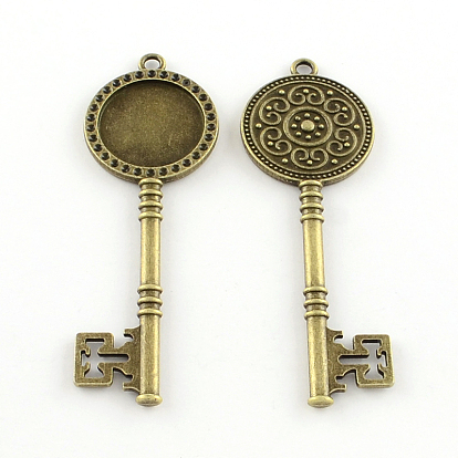 Tibetan Style Key Alloy Pendant Rhinestone Cabochon Settings, Lead Free & Cadmium Free, Tray: 20mm, Fit for 2mm rhinestone, 75x25.5x3.5mm, Hole: 3mm, about 130pcs/1000g