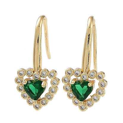 Heart Brass Dangle Earrings, with Glass and Cubic Zirconia