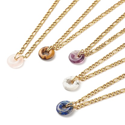 Natural Gemstone Donut Pendant Necklace with 304 Stainless Steel Figaro Chain for Women, Golden