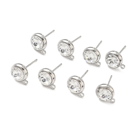 SHEGRACE Brass Rhinestone Flat Round Stud Earring Findings, Cadmium Free & Nickel Free & Lead Free, with Loop