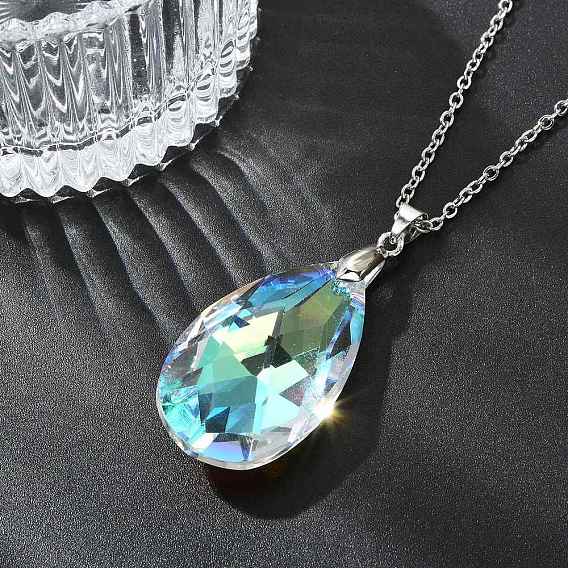 Clear AB Faceted Glass Teardrop Pendant 304 Stainless Steel Cable Chain Necklaces