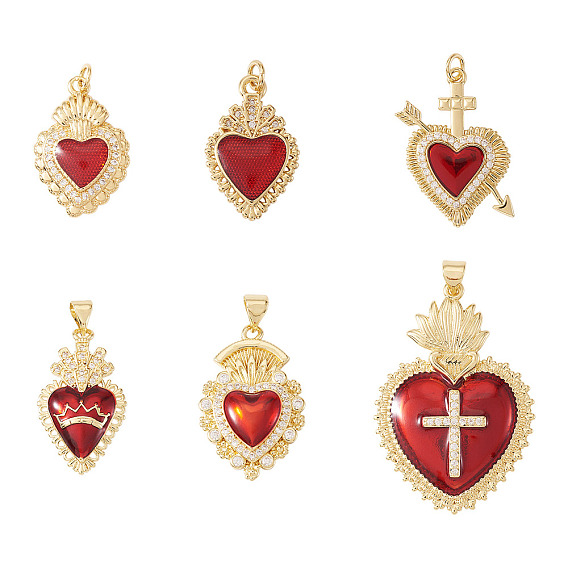 6Pcs 6 Styles Brass Micro Pave Cubic Zirconia Pendants, Sacred Heart, with Enamel, Rack Plating, Lead Free & Cadmium Free, Long-Lasting Plated
