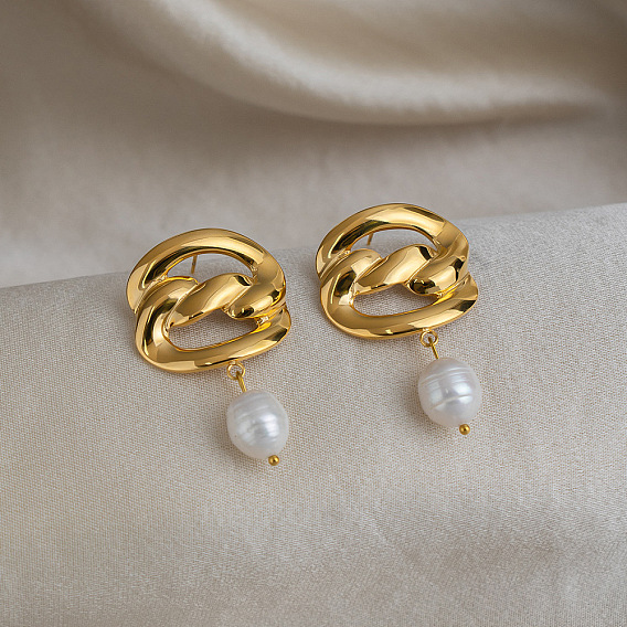 304 Stainless Steel Freshwater Pearl Dangle Stud Earrings for Women, Knot