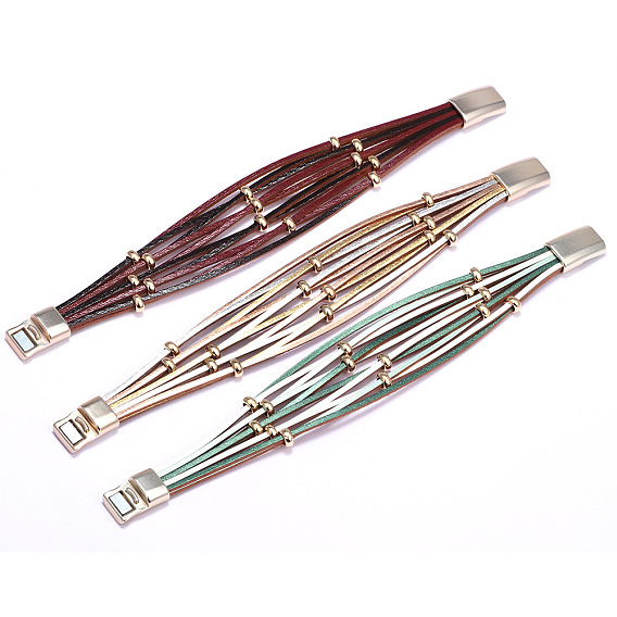 PU Leather Multi-strand Bracelets, with Alloy Magnetic Clasp and Alloy Beads