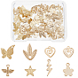 80Pcs 8 Style Brass Charms, Heart & Flower & Butterfly & Leaf & Lightning & Star & Bird