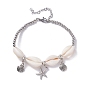 Natural Cowrie Shell Beads Anklet, Starfish & Shell Shape Charm Anklet for Girl Women, Platinum