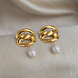 304 Stainless Steel Freshwater Pearl Dangle Stud Earrings for Women, Knot