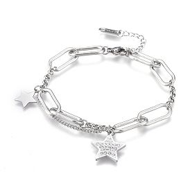 304 Stainless Steel Charm Bracelets, Chain Bracelets, with Polymer Clay Rhinestone and Lobster Claw Clasps, Star