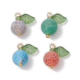 4pcs 4 Colors Natural Dyed Crackle Agate Round Fruit Charms with Acrylic Leaf