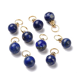 Natural Lapis Lazuli Openable Perfume Bottle Pendants, with Golden Tone Brass Findings, Round Charm