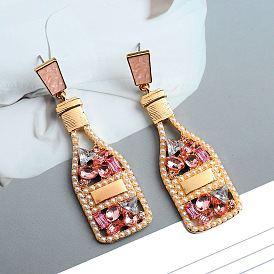 Shiny Colorful Crystal Wine Bottle Pendant Earrings, Fashionable and Personalized Ear Jewelry