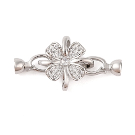 Rack Plating Flower Brass Pave Clear Cubic Zirconia Fold Over Clasps, Cadmium Free & Lead Free, Long-Lasting Plated