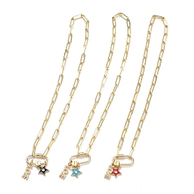 Brass Micro Pave Cubic Zirconia Pendant Necklaces, with Enamel and Paperclip Chains, Star & Word Love