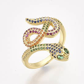 Brass Micro Pave Cubic Zirconia Cuff Rings, Open Rings, Snake