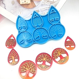 Tree of Life Theme Round & Teardrop DIY Pendant Silicone Molds, Resin Casting Molds, for UV Resin, Epoxy Resin Jewelry Making