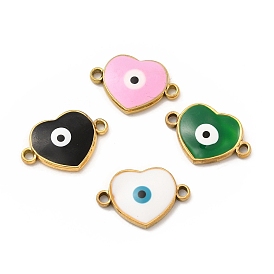 201 Stainless Steel Enamel Connector Charms, Real 24K Gold Plated, Heart Links with Evil Eye