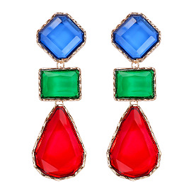 Colorful Resin Geometric Earrings for Summer Retro Style and European Fashion, Long Vintage Studs.
