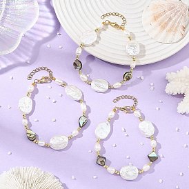 Natural Baroque Keshi Pearl Oval & Paua Shell & Freshwater Pearl Beaded Bracelets, with 304 Stainless Steel End Chains, Golden, Mixed Shapes