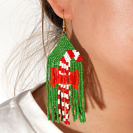 Red Cane Tassel Glass Seed Beads Dangle Earrings, Bohemian Christmas Gift with Christmas Card Paper