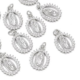SHEGRACE Religion Brass Clear Cubic Zirconia Pendants, Oval with Virgin Mary Charms, Cadmium Free & Lead Free & Nickel Free