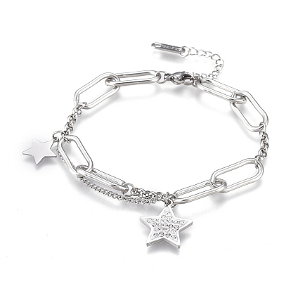 304 Stainless Steel Charm Bracelets, Chain Bracelets, with Polymer Clay Rhinestone and Lobster Claw Clasps, Star
