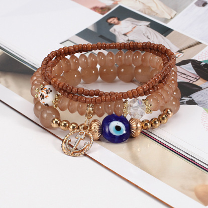Bohemian Anchor Pendant Multi-layer Bracelet with Devil's Eye Glass Bead Elastic Bangle Jewelry