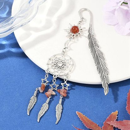 Закладки из натурального южного красного агата и сердолика, плетеная сетка из сплава с закладками из перьев, солнце и луна и звезда