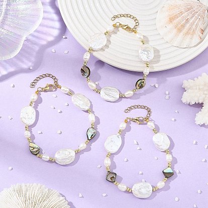 Natural Baroque Keshi Pearl Oval & Paua Shell & Freshwater Pearl Beaded Bracelets, with 304 Stainless Steel End Chains, Golden, Mixed Shapes