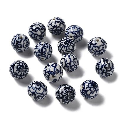 Perles en porcelaine manuelles, porcelaine bleue et blanche , ronde