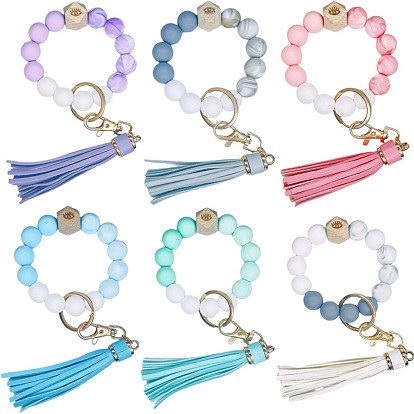 Colorful Silicone Bead Keychain Bracelet Tassel Elastic Cord Charm Jewelry