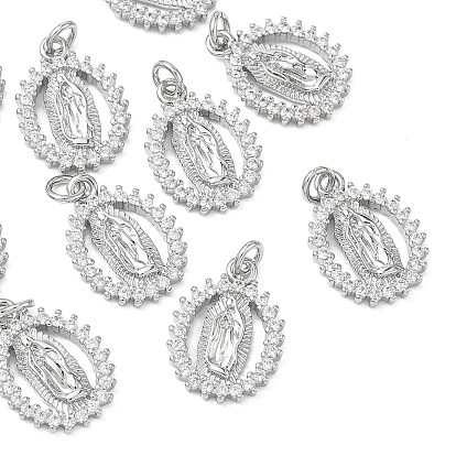 SHEGRACE Religion Brass Clear Cubic Zirconia Pendants, Oval with Virgin Mary Charms, Cadmium Free & Lead Free & Nickel Free