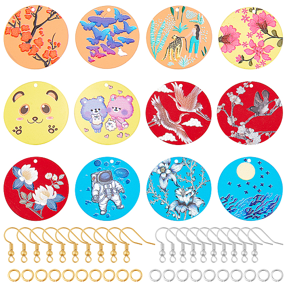 Spray Painted Iron Pendants, Rubberized Style, 3D Printed, Flat Round Charms, with Iron Earring Hooks