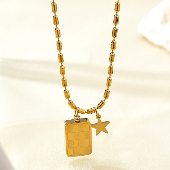 304 Stainless Steel Tartan Dog Tag Pendant Necklaces with Star for Women