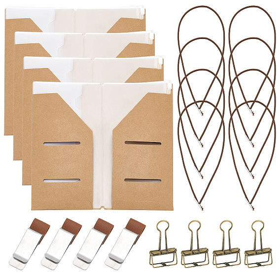 4Pcs Kraft Paper Passport Cover, 4Pcs Stainless Steel Pen Clips, 4Pcs Steel Paper Clips, 4Pcs PVC Storage Bag, 8Pcs Nylon Elastic Straps