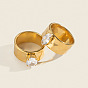 304 Stainless Steel Pave Cubic Zirconia Wide Band Finger Rings for Women, Real 18K Gold Plated