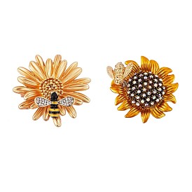 2Pcs 2 Style Sunflower and Bee Clear Cubic Zirconia Badges Pins with Enamel, Alloy Brooches for Backpack Clothes, Golden