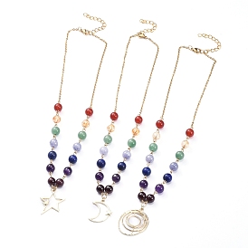 Chakra Jewelry, 304 Stainless Steel Chain Necklaces, with Alloy Pendants, Gemstone Beads and Iron Chain Extender, Star/Moon/Ring