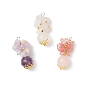 3 шт. 3 стили круглые подвески из вишневого кварцевого стекла, натурального аметиста, розового кварца, селенита и крошки кристалла кварца, с 304 петлями из нержавеющей стали, золотые