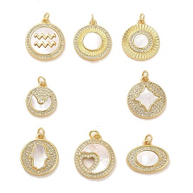 Brass Micro Pave Clear Cubic Zirconia Pendants, with Shell, Jump Rings, Real 18K Gold Plated