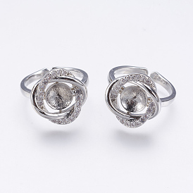Brass Finger Cup Peg Ring Settings, with Cubic Zirconia, For Half Drilled Beads, Lead Free & Cadmium Free & Nickel Free, Flower, Size 7