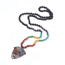 Yoga Chakra Schmuck, Edelstein Chip Perlen Anhänger Halsketten, mit Edelstein runde Perlen, Nylonschnur, rot verkupferte Messing- und Legierungsfunde