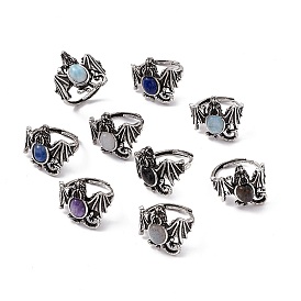 Dinosaur Natural Gemstone Adjustable Rings, Antique Silver Tone Brass Jewelry for Women