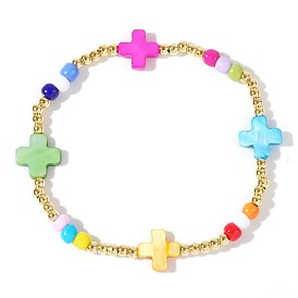 Beach Vacation Style Cross Shell Pearl & Brass Stretch Beaded Bracelets for Women, Colorful, Random Color Beads