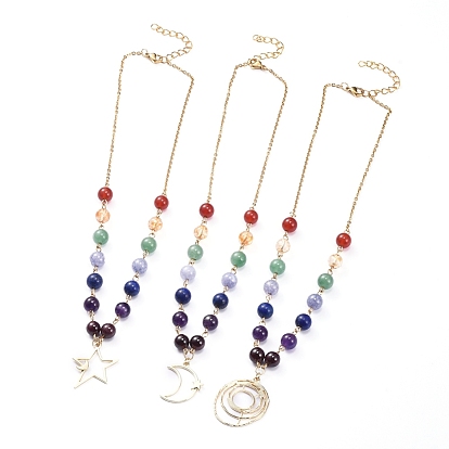 Chakra Jewelry, 304 Stainless Steel Chain Necklaces, with Alloy Pendants, Gemstone Beads and Iron Chain Extender, Star/Moon/Ring