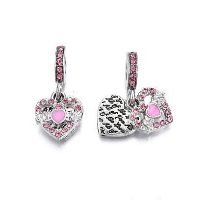 Rack Plating Alloy Enamel European Dangle Charms, with Rhinestone, Large Hole Beads, Cadmium Free & Lead Free, Antique Silver, Heart with Word